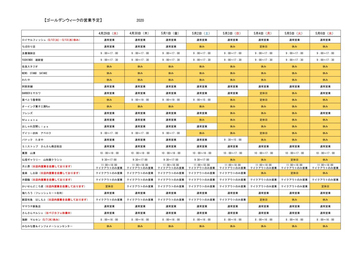 【※再掲載】さんさん商店街【5月6日(水・祝)】までの営業情報について！5月4日(月・祝)～6日(水・祝)まで半分以上の店舗がお休みです！